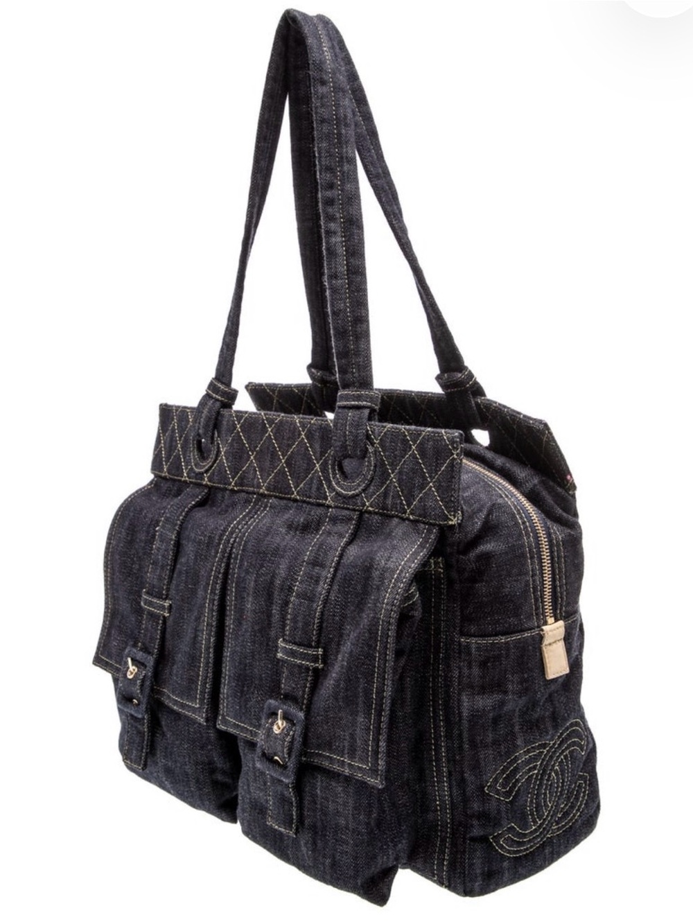 CHANEL Dark Denim Tote with Quilted Strap and CC Detail